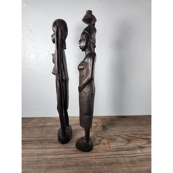 VINTAGE African Carved Ebony Statues 13" Warrior & Village Woman Tribal Folkart - Picture 3 of 10